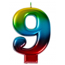 Свеча -цифра "9" Радуга металлик 8см/V
